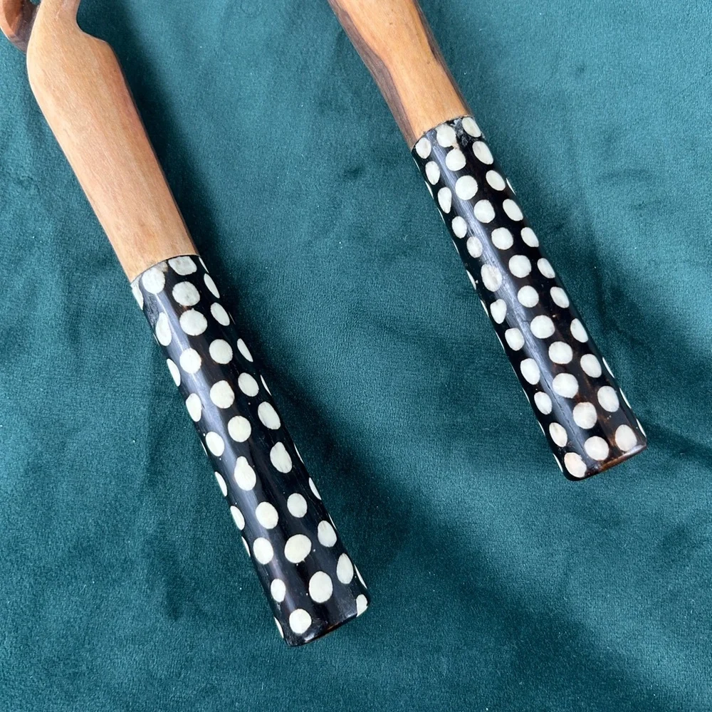 Vintage African Tribal Handmade Polka Dot Wooden Salad Server